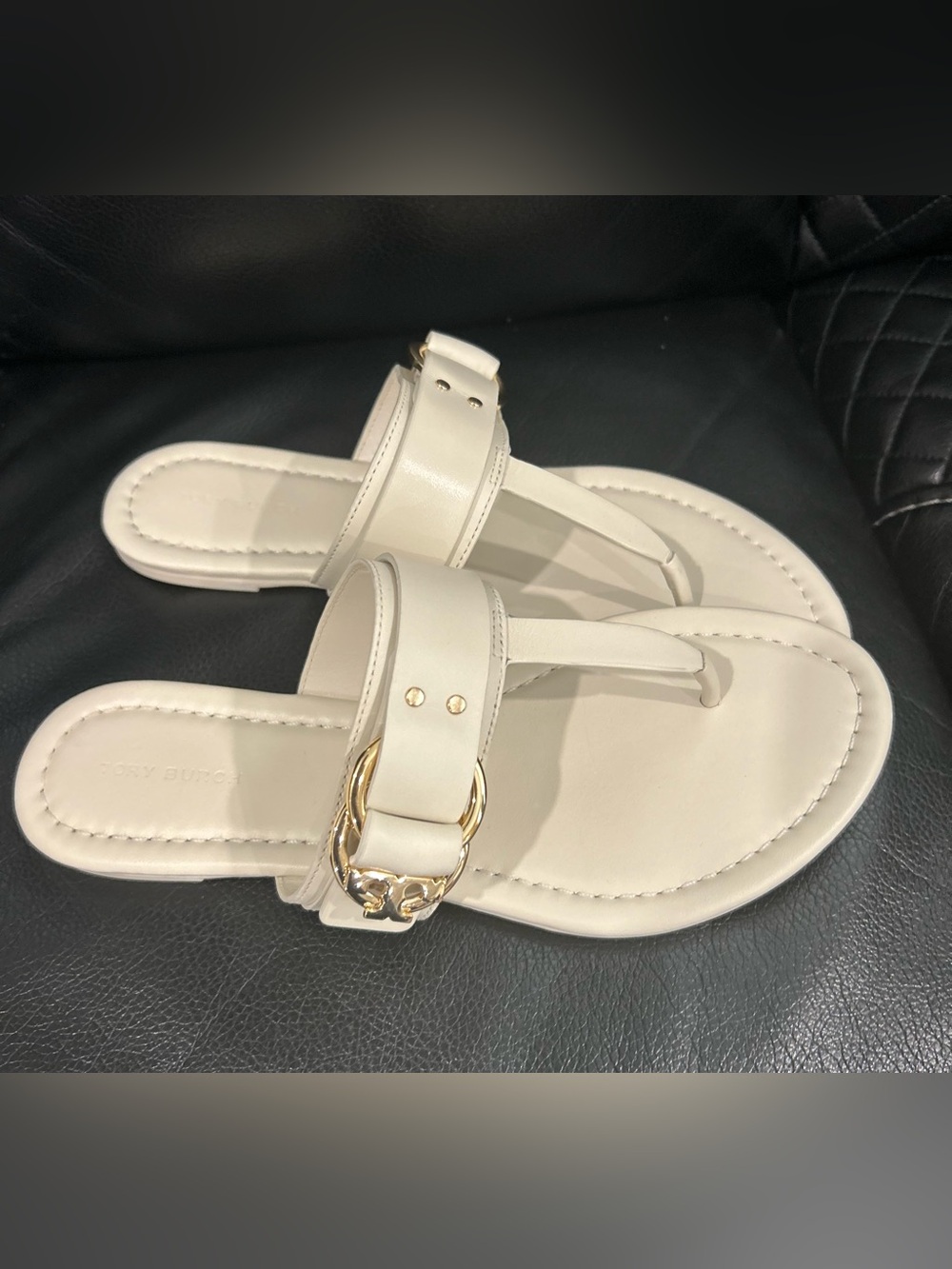 Tory Burch Cream Thong Sandals with Gold Buckle Accent